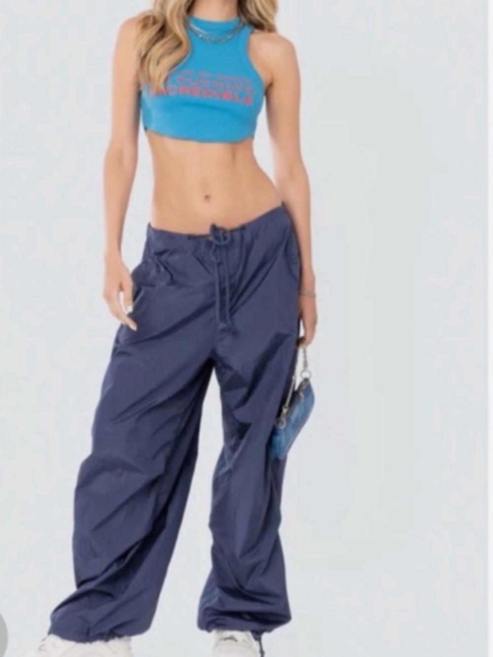 Edikted Navy Drawstring Parachute Cargo Pants with Pink Label size M/L